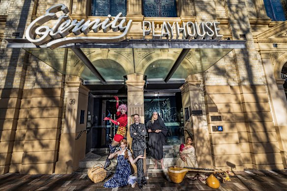 Fringe Festival CEO Patrick Kennedy outside the Eternity Playhouse with some of the festival performers.