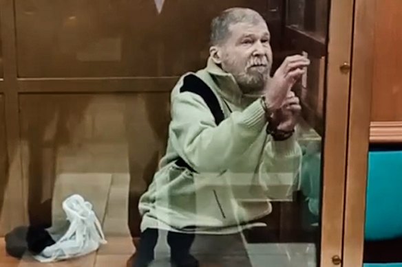 Video released by the Moscow City Court Press Service showed Stephen Hubbard stands in a glass cage in a Moscow court in 2024.