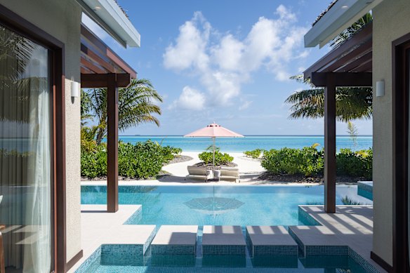 Layers of aquamarine at a Beach Pavilion at Niyama Private Islands.