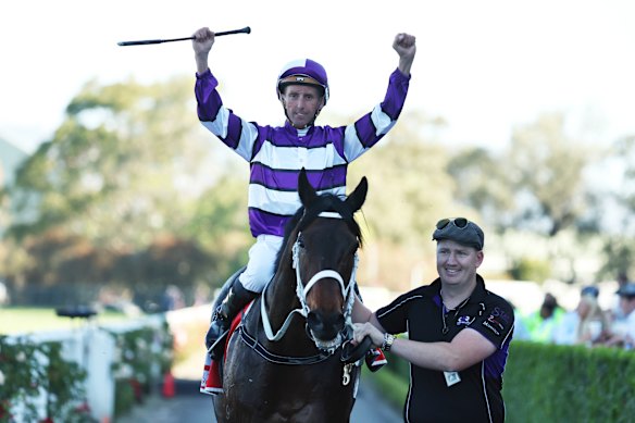 Nash Rawiller returns a winner on Lindermann in the Hill Stakes.