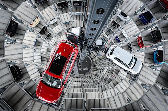 Volkswagens in a tower storage facility in Wolfsburg, Germany, last year.