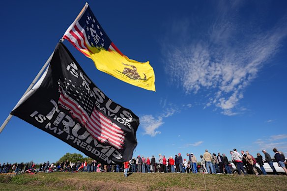 There were long lines outside Heartland Credit Union Arena for hours ahead of Trump’s rally near Wichita on Monday.