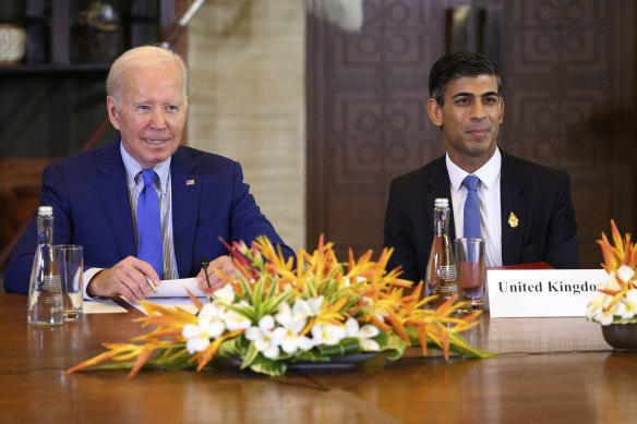 Working together: US President Joe Biden, left, and British Prime Minister Rishi Sunak at the G20 summit in Bali last month.