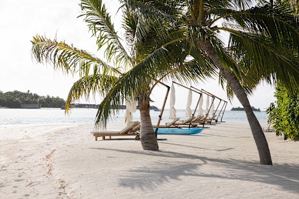 The pristine beach at Naladhu Private Island.