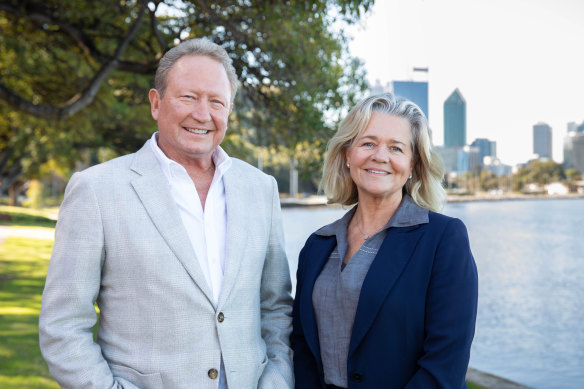 Andrew and Nicola Forrest on the banks of the Swan River in Perth in 2023.