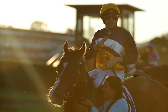 Adam Hyeronimus on The Instructor after winning the Luskin Star Stakes at Scone last May. Hyeronimus is aboard him again on Saturday in the JRA Plate at Rosehill.