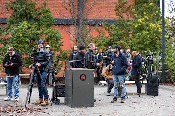 Media outside the court after the jury began its deliberations.