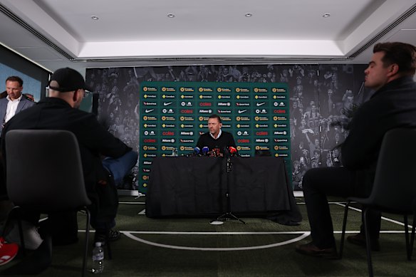 Socceroos coach Tony Popovic speaking on Tuesday.