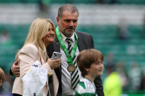 Postecoglou with his family after Celtic won the Scottish Cup in his last match in charge before his Tottenham switch.