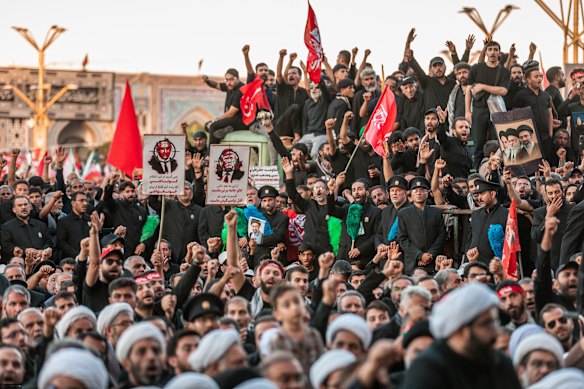 Mourners of the late Iranian Supreme Leader Ayatollah Ali Khamenei at his funeral this month.