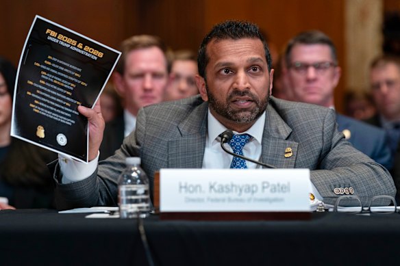 In testimony last week at a Senate hearing, Kash Patel displayed handouts that included statistics taking credit for developments such as declining urban murder rates and arrests of child predators.