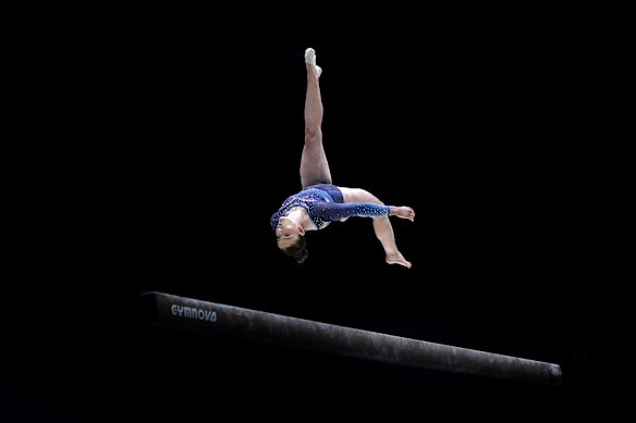 Alice Kinsella of Park Wrekin competes on the Beam during the Women’s Senior artistic beam final at M&amp;S Bank Arena on March 22, 2026 in Liverpool, England. 