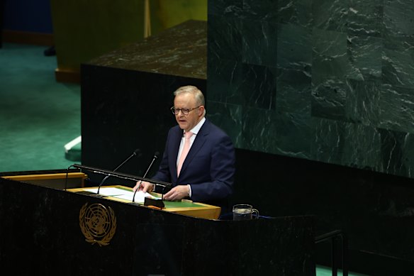 Prime Minister Anthony Albanese speaks at the Two-State Solution Conference in the United Nations General Assembly Hall in New York. 