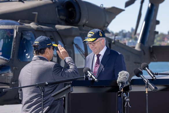 Indonesian President Prabowo Subianto and Prime Minister Anthony Albanese on the flight deck of HMAS Canberra in Sydney, where they announced a defence pact.