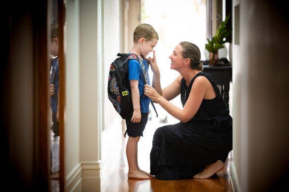 Will Banting, 4, gets ready for kindergarten with mum Ashley.