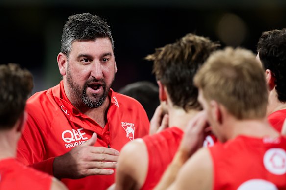 Swans coach Dean Cox implores his players to lift against Adelaide.