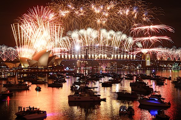 The midnight New Year’s Eve fireworks on Sydney Harbour, photographed from Mrs Macquarie’s Chair.
