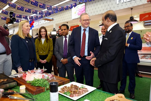 Prime Minister Anthony Albanese during a visit to Lulu Hypermarket, which imports Australian goods to the UAE, in Abu Dhabi.
