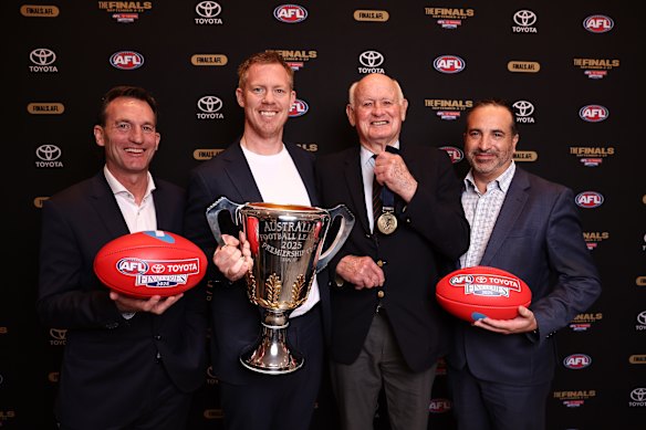 AFL CEO Andrew Dillon, former Tiger Jack Riewoldt, former Bomber Ken Fraser and Toyota’s Anthony Nobile.