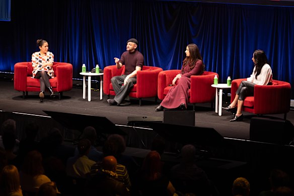 Moderator Jan Fran with Michael Mohammed Ahmad, Randa Abdel-Fattah, and Antoinette Lattouf at a Sydney Writers’ Festival session titled Silenced.