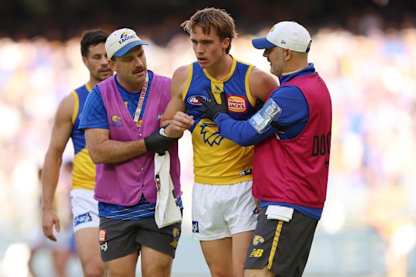 West Coast’s Hamish Davis after the tackle by North Melbourne’s Paul Curtis.