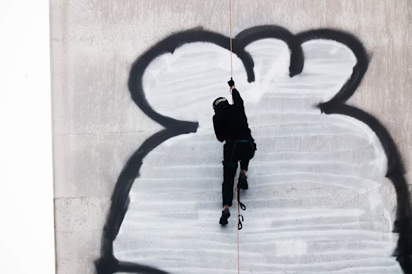Jack Gibson-Burrell is seen on the eastern pylon of the Bolte Bridge in Melbourne after allegedly vandalising it. Police were called to the scene at 3am on Tuesday following reports he had climbed the pylon, allegedly trespassing on one of the 140-metre-high pillars.