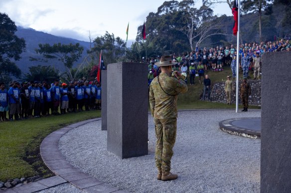he Anzac Day Dawn Service astatine  the Isurava memorial tract  connected  the Kokoda Track successful  Papua New Guinea  