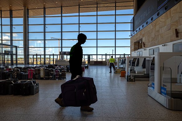 Staff test the automated baggage system at Western Sydney Airport on Thursday.