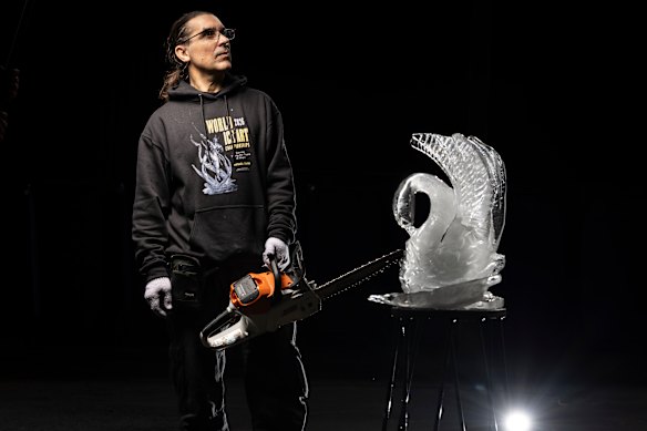Melbourne chef Kevin Kapusi Starow is also a keen ice sculptor who competes and exhibits in the practice internationally. He will give a demonstration of ice sculpting at Frankston Fire Festival on Saturday June 13. 10th June 2026. Photo by Jason South