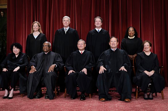 Members of the US Supreme Court in 2022: Front row: from left, Sonia Sotomayor, Clarence Thomas, Chief Justice John Roberts, Samuel Alito, and Elena Kagan. Back row, from left, Amy Coney Barrett, Neil Gorsuch, Brett Kavanaugh, and Ketanji Brown Jackson.