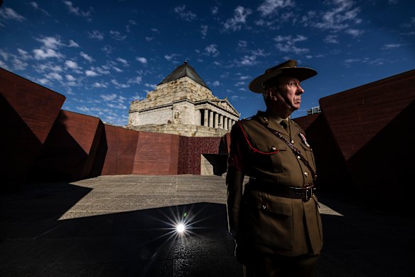  David Arden, pictured at the Shrine of Remembrance, ahead of his 50th Anzac Day march as a volunteer marshal.