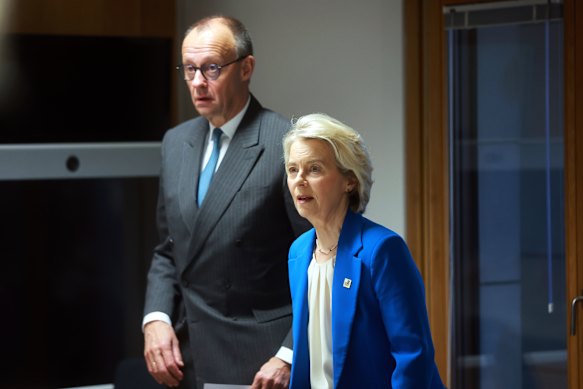 Germany’s Chancellor Friedrich Merz, left, and European Commission President Ursula von der Leyen at the EU Summit in Brussels on Thursday.