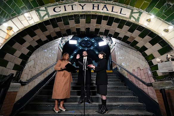 New York Attorney General Letitia James (left) administers the oath of office to mayor-elect Zohran Mamdani, as his wife Rama Duwaji looks on.