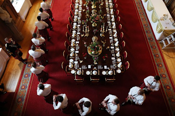The 1st Battalion The Scots Guards practises before the state banquet held for Donald Trump at Windsor last month.