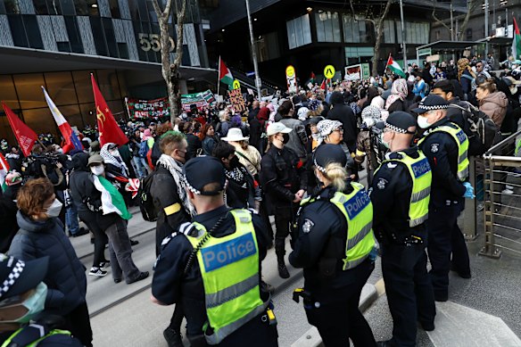Protesters outside the Land Forces expo in Melbourne in September 2024.