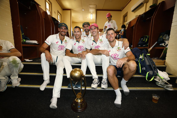Mitchell Starc, Scott Boland, Nathan Lyon, Pat Cummins and Beau Webster in the SCG sheds.