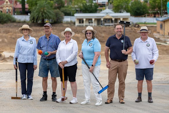 Bendigo Croquet Club, Barnard Street, Bendigo. Maggie Burke, Rod Arnold, Carolyn Hamilton, Jenny Brennan, Phil DeAraugo and Brian Loughran at what remains to be a levelled and undeveloped site.