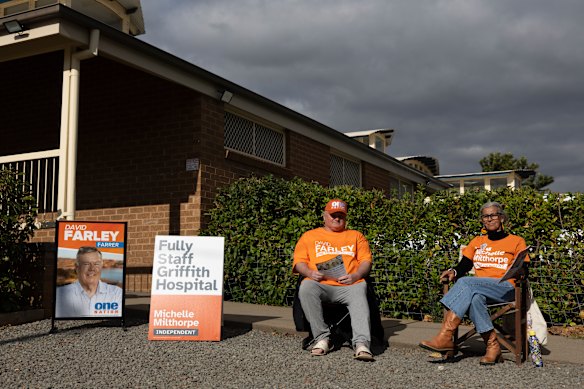 Pre-poll volunteers Greg Braniff and Rita Fascianelli-McIver outside a booth in Griffith.