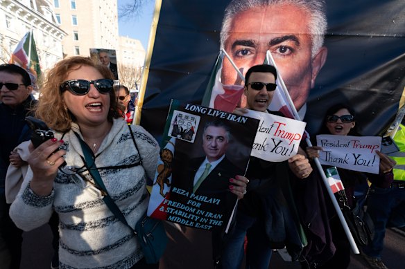 Supporters of Reza Pahlavi celebrate the killing of Iran’s Supreme Leader Ayatollah Ali Khamenei near the White House in Washington, on Saturday, February 28, 2026.