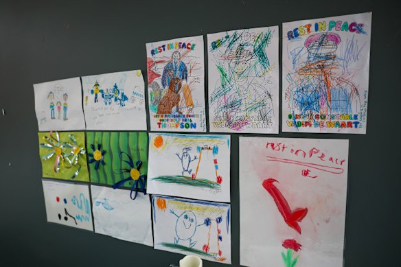 Memorial for Detective Leading Senior Constable Neal Thompson and Senior Constable Vadim De Waart inside the Wangaratta Police Station. 
