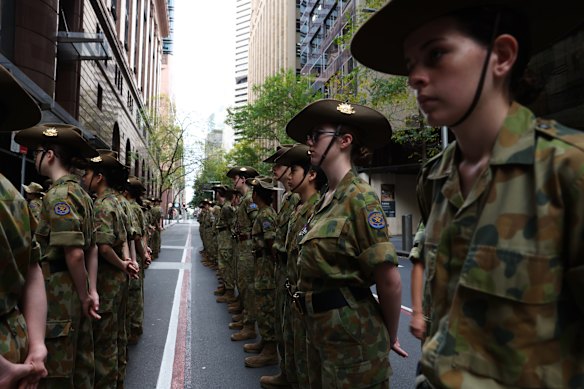 Australian Army Cadets before the start of the Anzac Day march in Sydney.