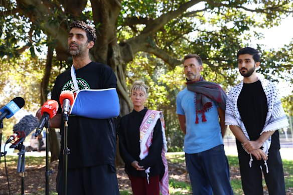 Surya McEwen is pictured here speaking in Sydney in October, after he was injured during detention in Israel. McEwen, now in Ketziot Prison again, has attempted to sail to Gaza four times.