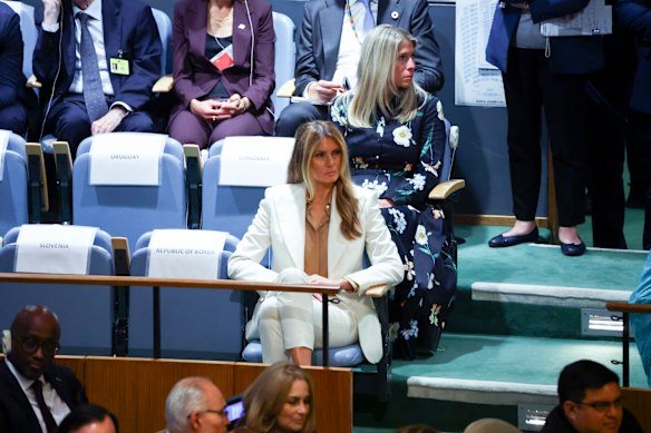 First Lady Melania Trump watches as her husband addresses the UN.