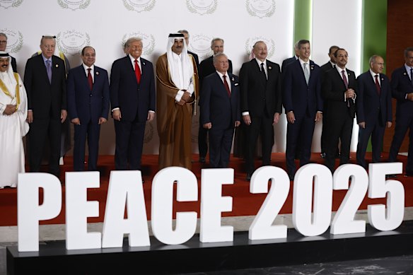 From the left, Turkish President Recep Tayyip Erdogan, Egyptian President Abdel Fattah al-Sisi, US President Donald Trump, Emir of Qatar Cheikh Tamim ben Hamad al-Thani, King Abdullah II of Jordan, and fellow dignitaries pose during the family picture at the Gaza International Peace Summit, in Sharm el-Sheikh, Egypt.