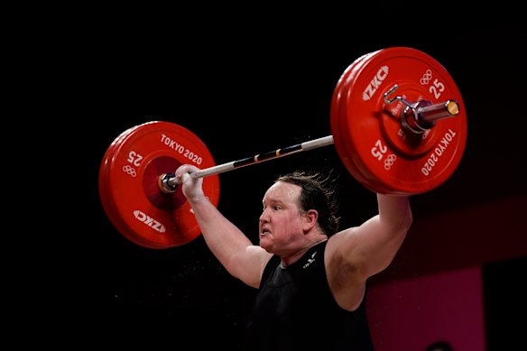 Laurel Hubbard competes at the Tokyo Olympics in the women’s over 87kg weightlifting category.