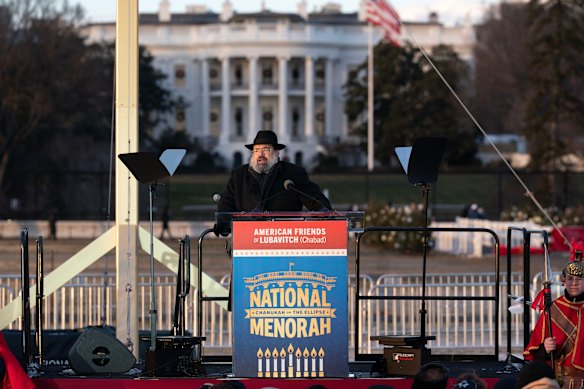 Rabbi Levi Shemtov speaks at the National Menorah lighting ceremony on the Ellipse in Washington.