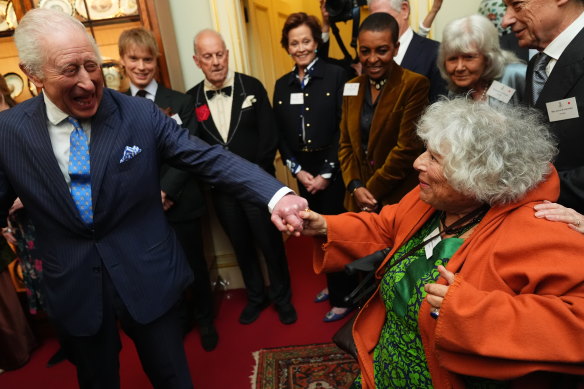 King Charles with actress Miriam Margolyes during a reception to mark the launch of the Queen’s reading room medal.