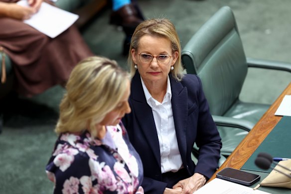 Sussan Ley listens to Coalition spokeswoman for communications Melissa McIntosh during her final parliamentary sitting as opposition leader, Thursday 12 February. 