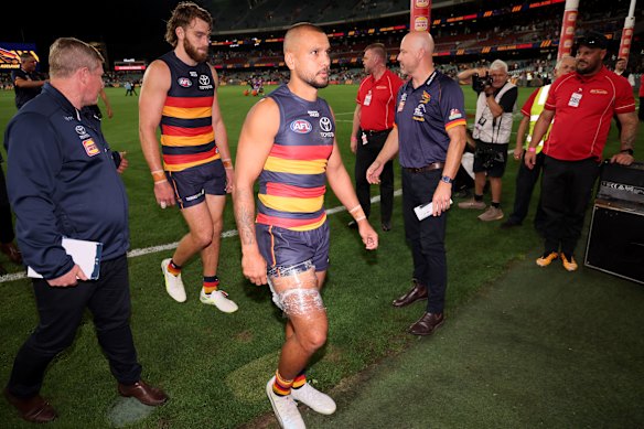 Adelaide recruit Callum Ah Chee suffered a recurring hamstring injury in a frenetic final quarter against the Western Bulldogs