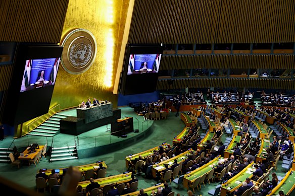 Palestinian Authority President Mahmoud Abbas virtually addressing the Two-State Solution Conference in the United Nations General Assembly Hall in New York earlier this week.